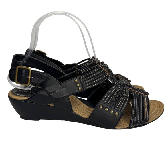 VTG Steven Steve Madden Black Faux Leather Strappy Wedge Sandal Braid Detail Sz8 - Picture 2 of 10